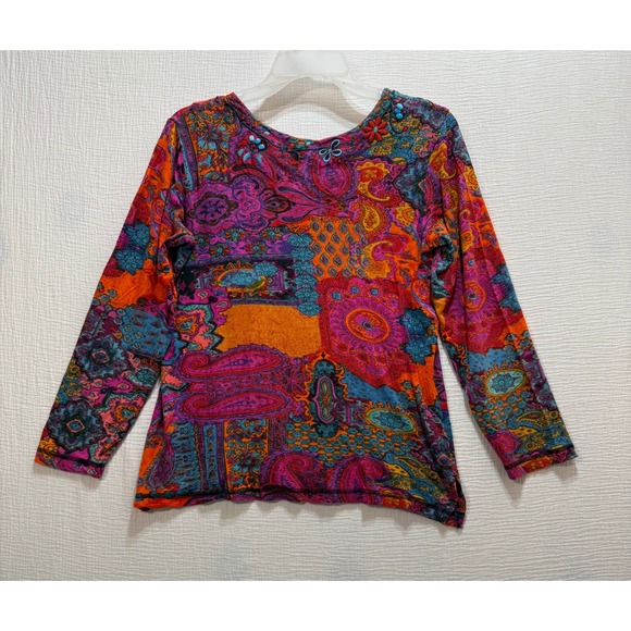 Chico's Paisley Patchwork Tunic Top Women's Size 1 Beaded V Neck Long Sleeve‎ - Picture 3 of 12